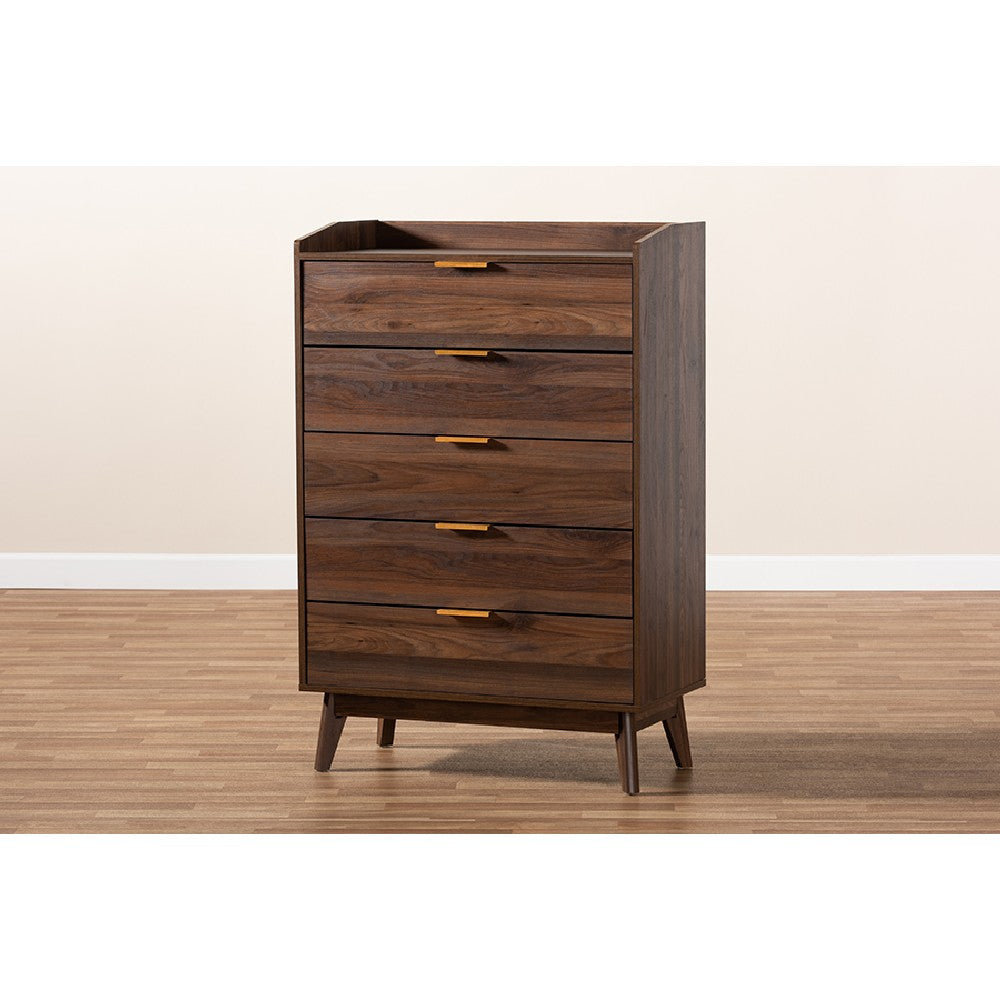 Baxton Studio Lena Mid-Century Modern Walnut Brown Finished 5-Drawer Wood Chest WHI-LV4COD4232WI-Columbia-5DW-Chest