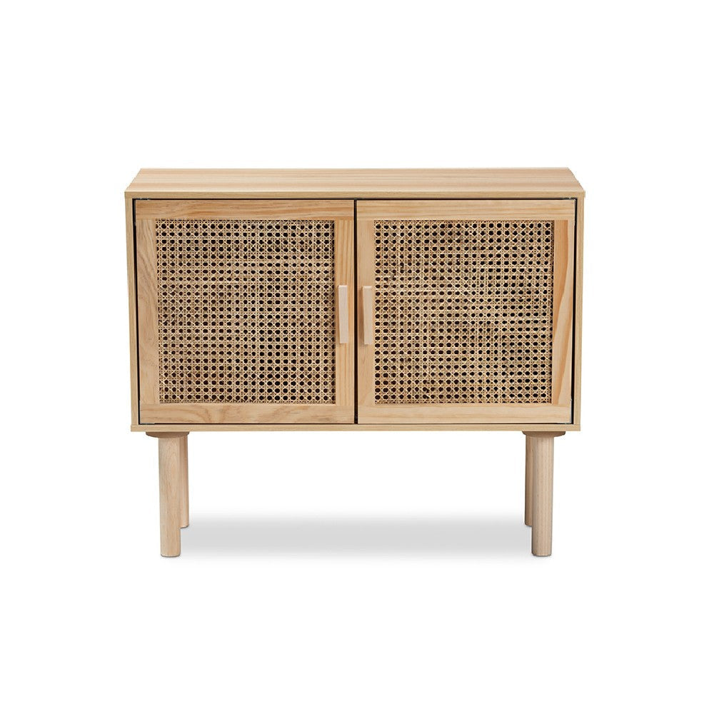 Baxton Studio Maclean Mid-Century Modern Rattan and Natural Brown Finished Wood 2-Door Sideboard Buffet