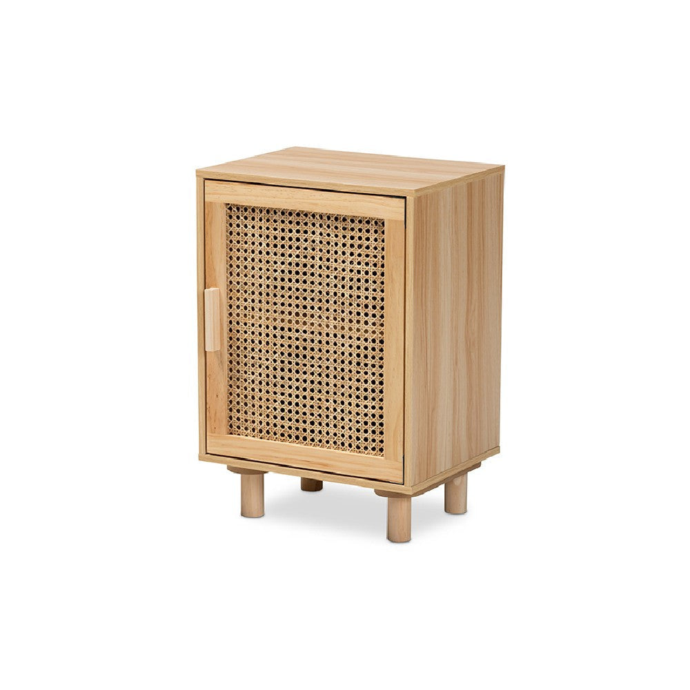 Baxton Studio Maclean Mid-Century Modern Rattan and Natural Brown Finished Wood 1-Door End Table WHI-LYA20-104-Natural-Wooden-ET