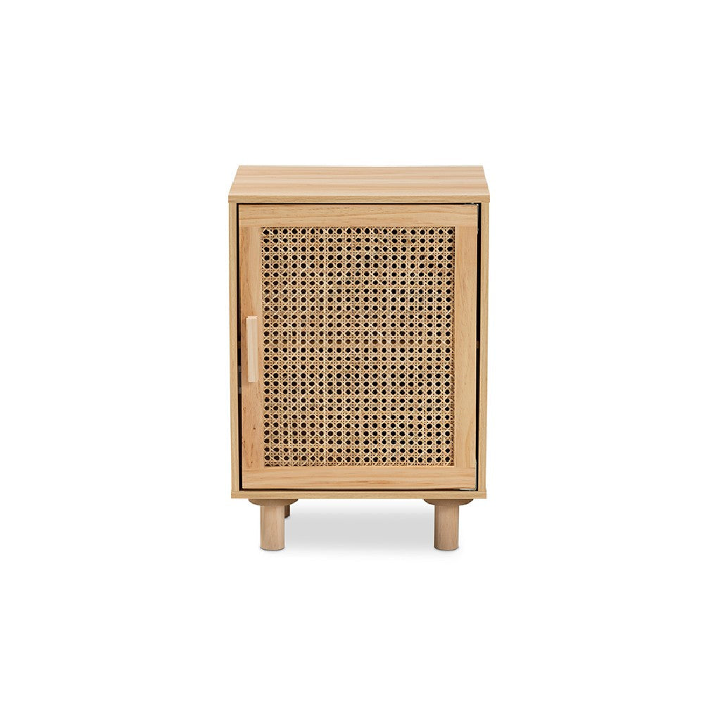 Baxton Studio Maclean Mid-Century Modern Rattan and Natural Brown Finished Wood 1-Door End Table WHI-LYA20-104-Natural-Wooden-ET