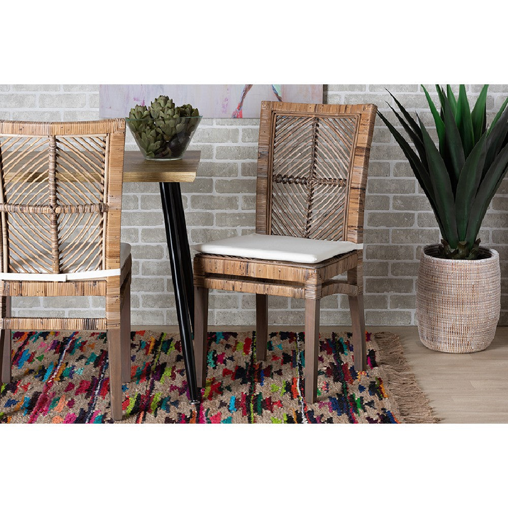 bali & pari Laluna Modern Bohemian Greywashed Natural Rattan and Mahogany Dining Chair with Cushion WHI-Laluna-Grey-Natural-Rattan-DC