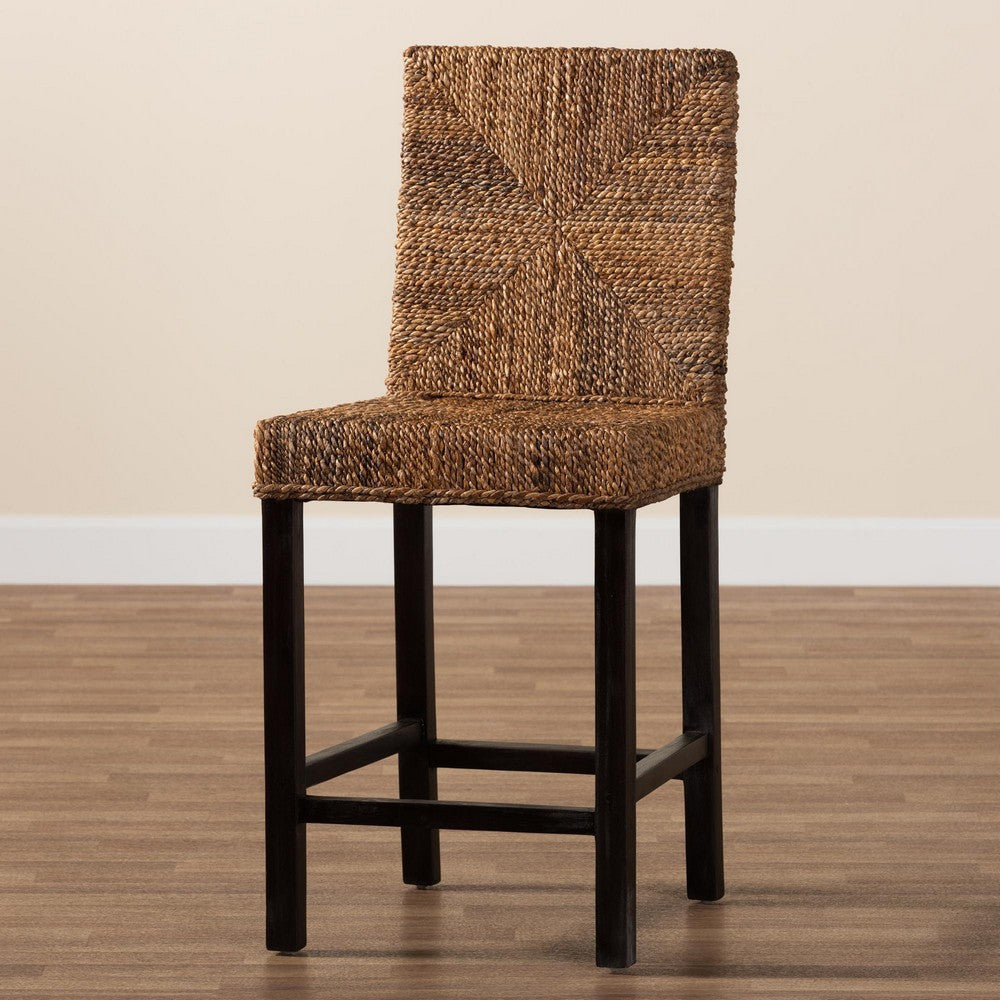 bali & pari Laymi Modern Bohemian Dark Brown Mahogany Wood and Seagrass Counter Stool