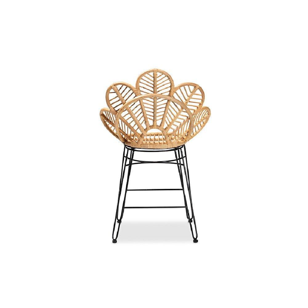 bali & pari Garan Modern Bohemian Natural Brown Rattan and Black Metal Counter Stool WHI-Leaf-Rattan-CS