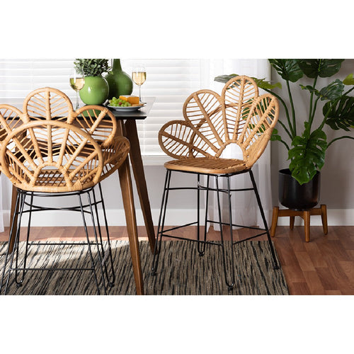 bali & pari Garan Modern Bohemian Natural Brown Rattan and Black Metal Counter Stool