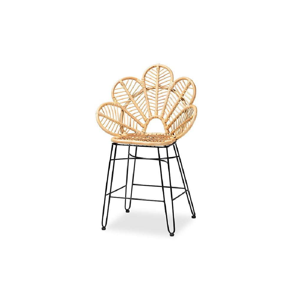 bali & pari Garan Modern Bohemian Natural Brown Rattan and Black Metal Counter Stool WHI-Leaf-Rattan-CS