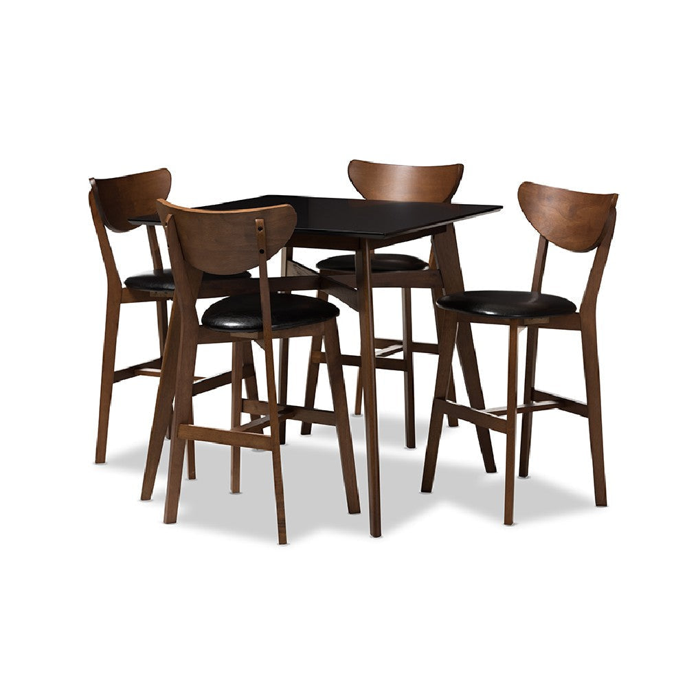 Baxton Studio Eline Mid-Century Modern Black Faux Leather Upholstered Walnut Finished 5-Piece Pub Set WHI-Leena-Black-Walnut-5PC-Pub-Set
