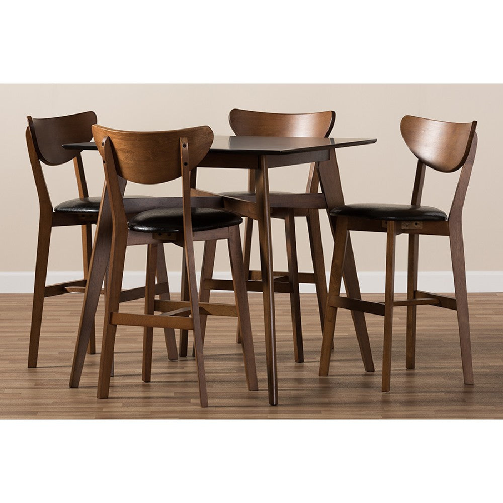 Baxton Studio Eline Mid-Century Modern Black Faux Leather Upholstered Walnut Finished 5-Piece Pub Set WHI-Leena-Black-Walnut-5PC-Pub-Set