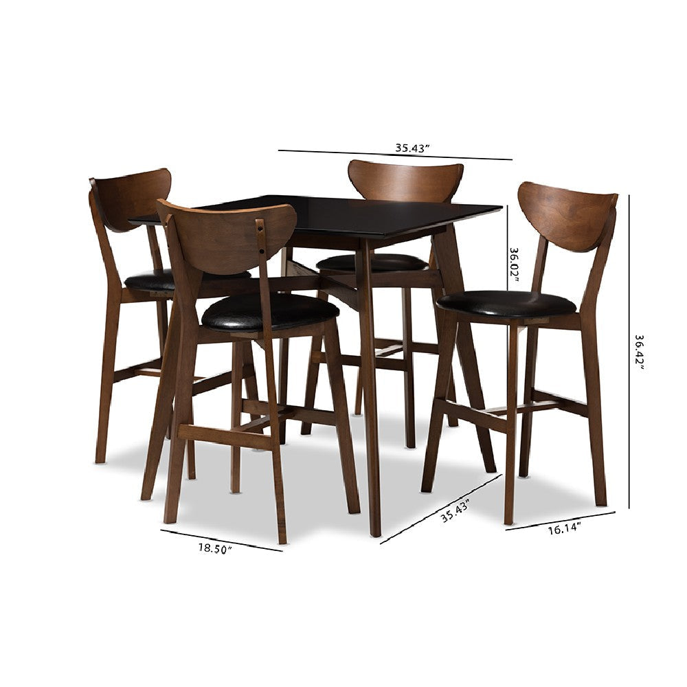 Baxton Studio Eline Mid-Century Modern Black Faux Leather Upholstered Walnut Finished 5-Piece Pub Set