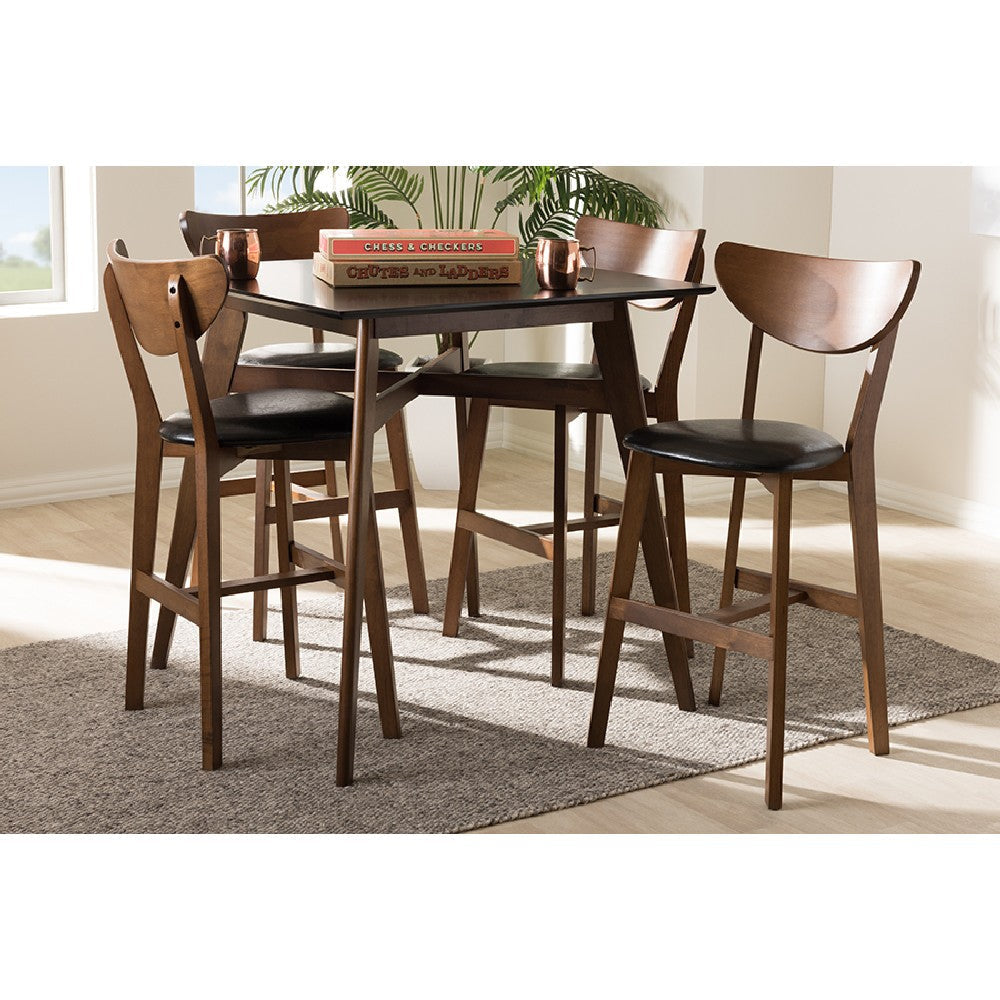 Baxton Studio Eline Mid-Century Modern Black Faux Leather Upholstered Walnut Finished 5-Piece Pub Set WHI-Leena-Black-Walnut-5PC-Pub-Set