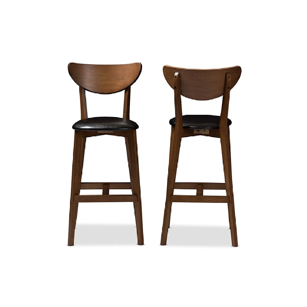 Baxton Studio Eline Mid-Century Modern Black Faux Leather Upholstered Walnut Finished Bar Stool (Set of 2) WHI-Leena-Black-Walnut-BS