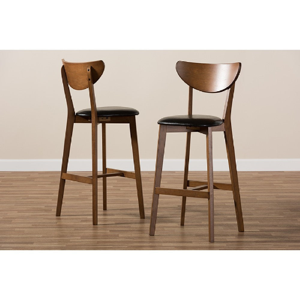Baxton Studio Eline Mid-Century Modern Black Faux Leather Upholstered Walnut Finished Bar Stool (Set of 2) WHI-Leena-Black-Walnut-BS