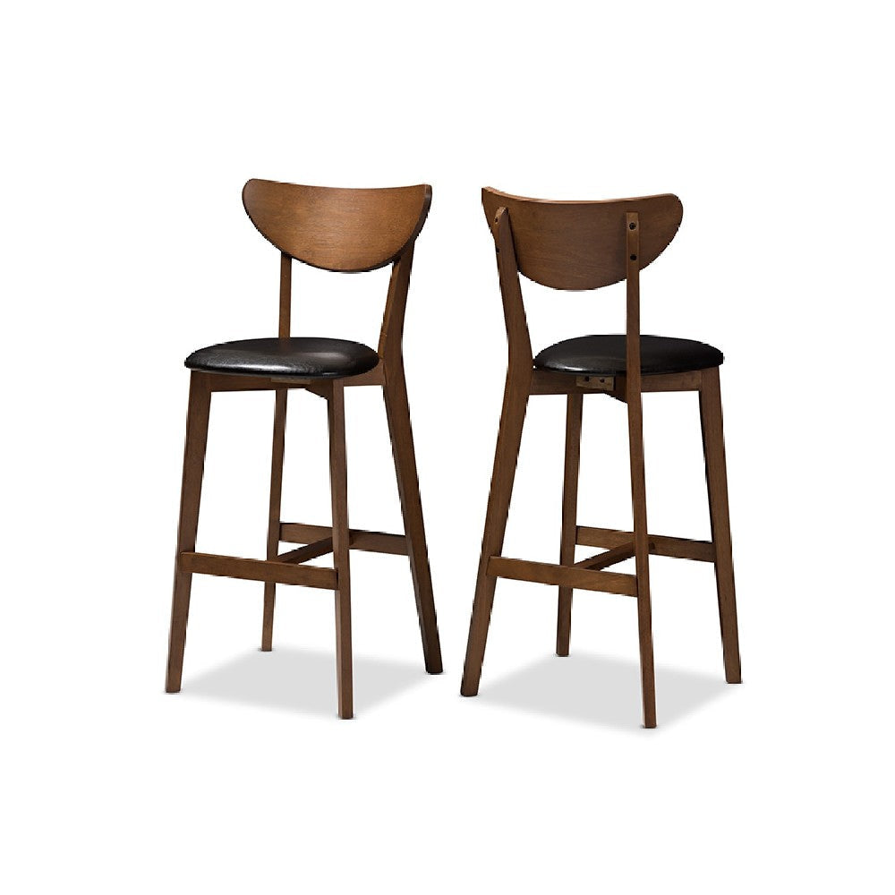 Baxton Studio Eline Mid-Century Modern Black Faux Leather Upholstered Walnut Finished Bar Stool (Set of 2) WHI-Leena-Black-Walnut-BS