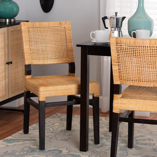 bali & pari Lesia Modern Bohemian Natural Brown Rattan and Espresso Brown Mahogany Wood Dining Chair