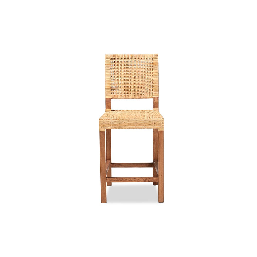 bali & pari Lesia Modern Bohemian Natural Brown Rattan and Walnut Brown Mahogany Wood Counter Stool WHI-Lesia-Teak-CS