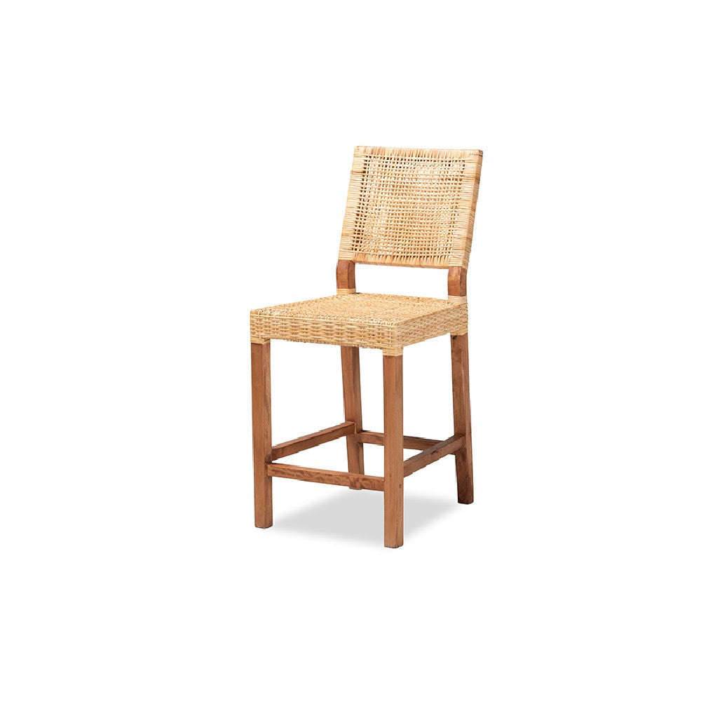 bali & pari Lesia Modern Bohemian Natural Brown Rattan and Walnut Brown Mahogany Wood Counter Stool WHI-Lesia-Teak-CS