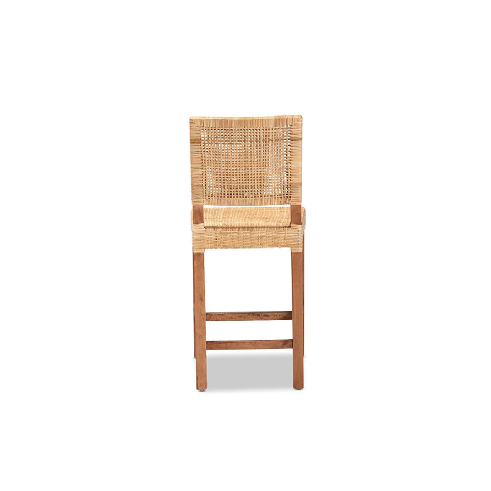 bali & pari Lesia Modern Bohemian Natural Brown Rattan and Walnut Brown Mahogany Wood Counter Stool WHI-Lesia-Teak-CS