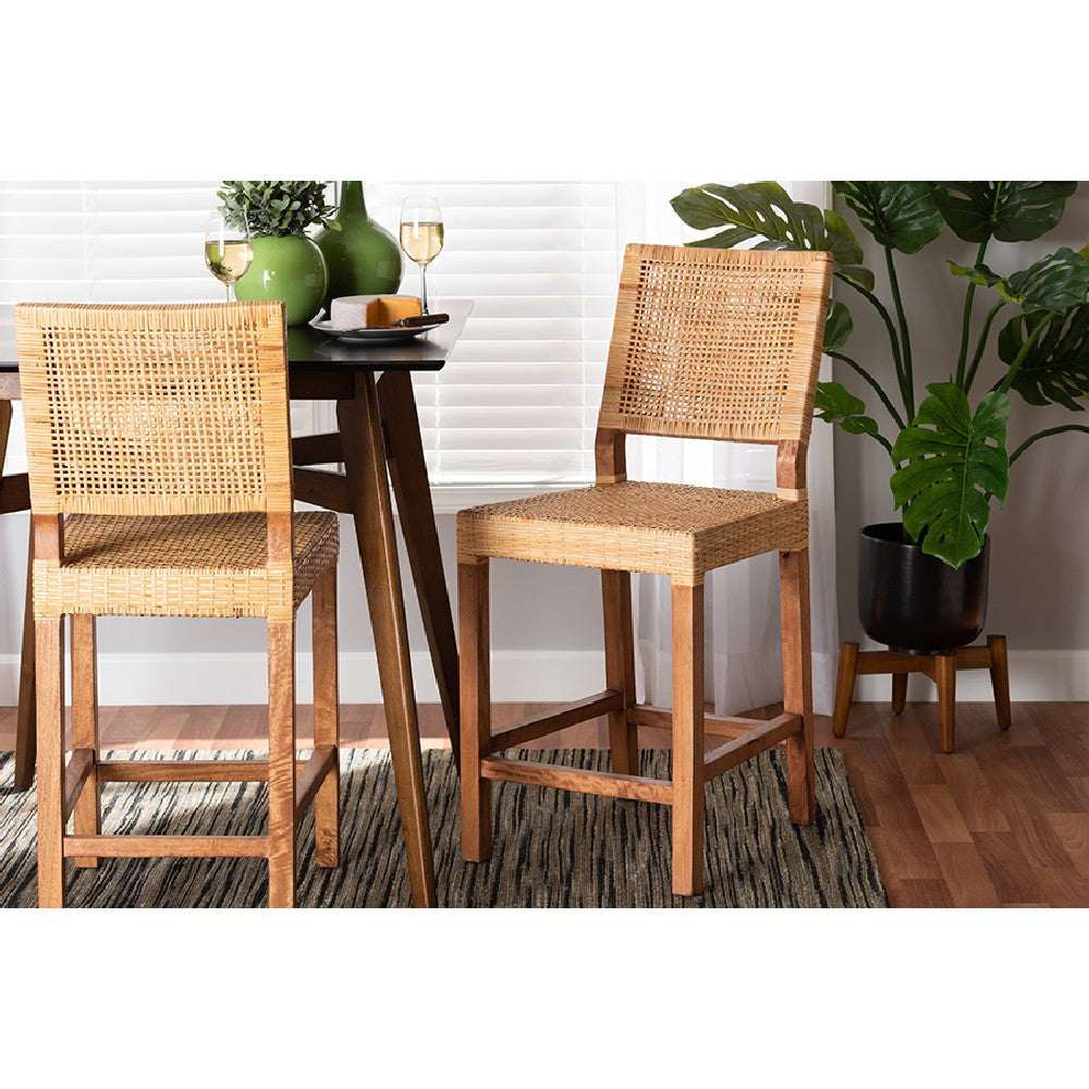 bali & pari Lesia Modern Bohemian Natural Brown Rattan and Walnut Brown Mahogany Wood Counter Stool