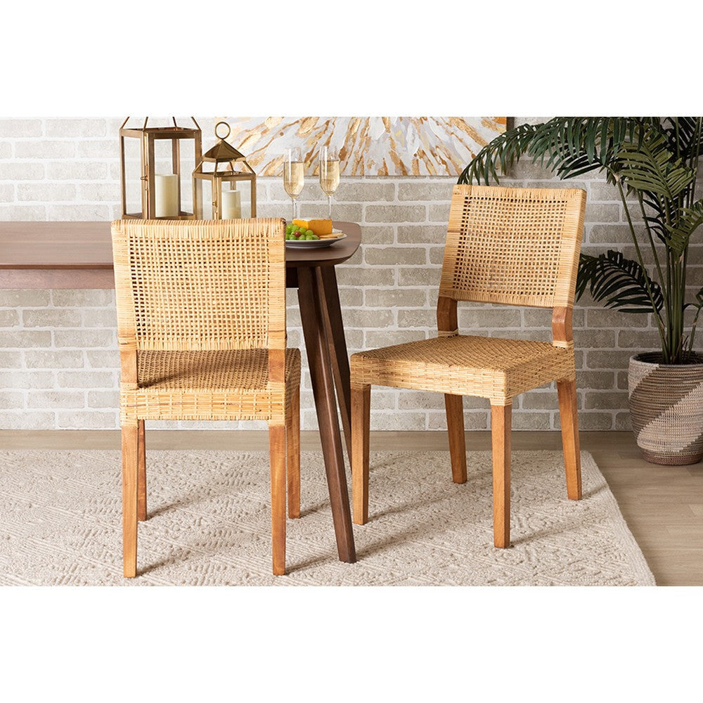 bali & pari Lesia Modern Bohemian Natural Brown Rattan and Walnut Brown Mahogany Wood Dining Chair