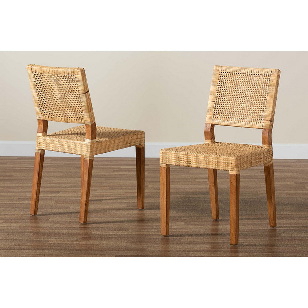 bali & pari Lesia Modern Bohemian Natural Brown Rattan and Walnut Brown Mahogany Wood Dining Chair
