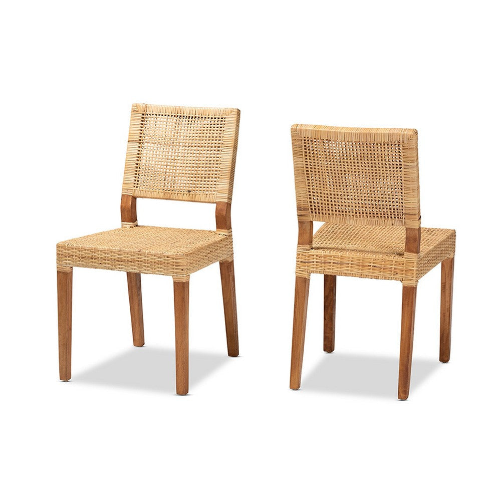 bali & pari Lesia Modern Bohemian Natural Brown Rattan and Walnut Brown Mahogany Wood Dining Chair