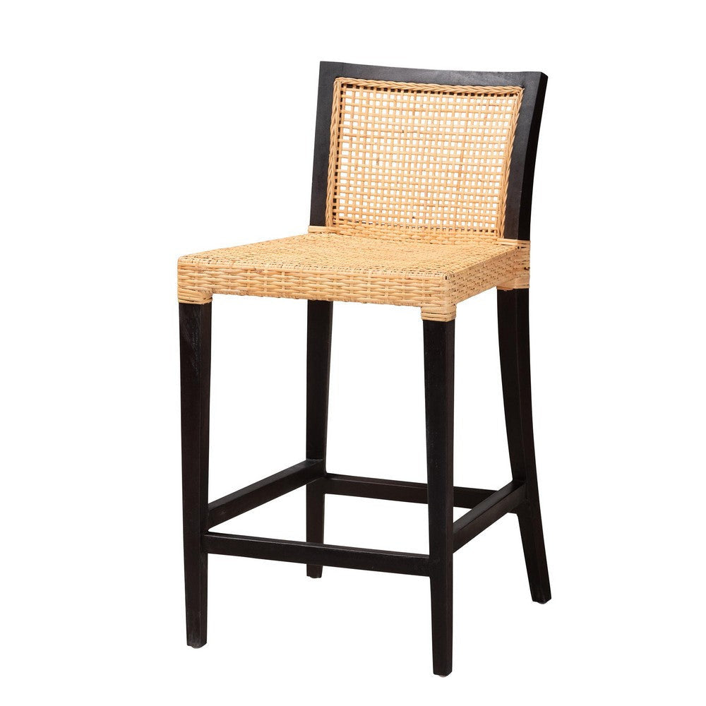 bali & pari Lingga Modern Bohemian Dark Brown Mahogany Wood and Natural Rattan Counter Stool WHI-Lingga-Mahogany-CS