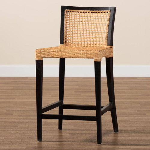 bali & pari Lingga Modern Bohemian Dark Brown Mahogany Wood and Natural Rattan Counter Stool
