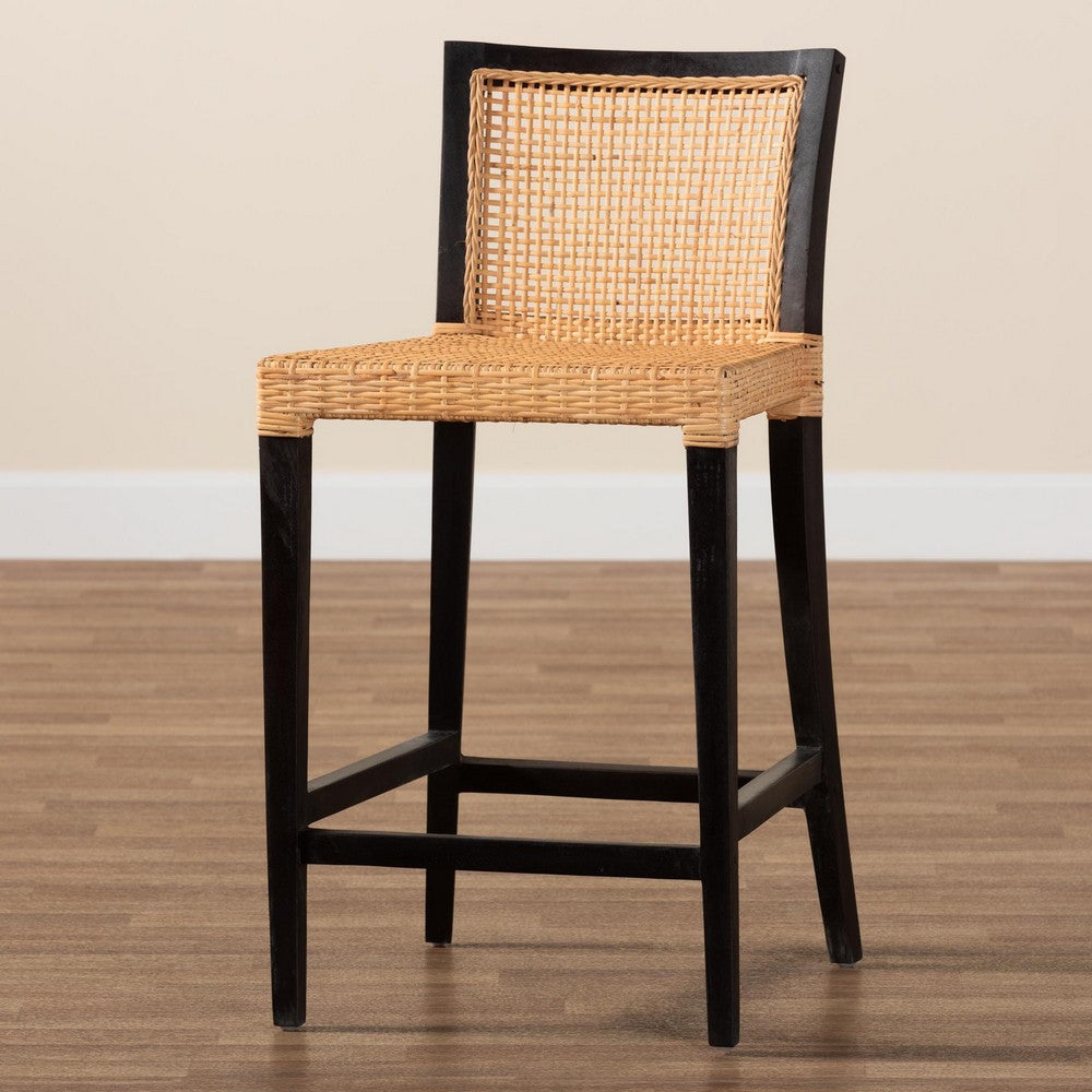 bali & pari Lingga Modern Bohemian Dark Brown Mahogany Wood and Natural Rattan Counter Stool