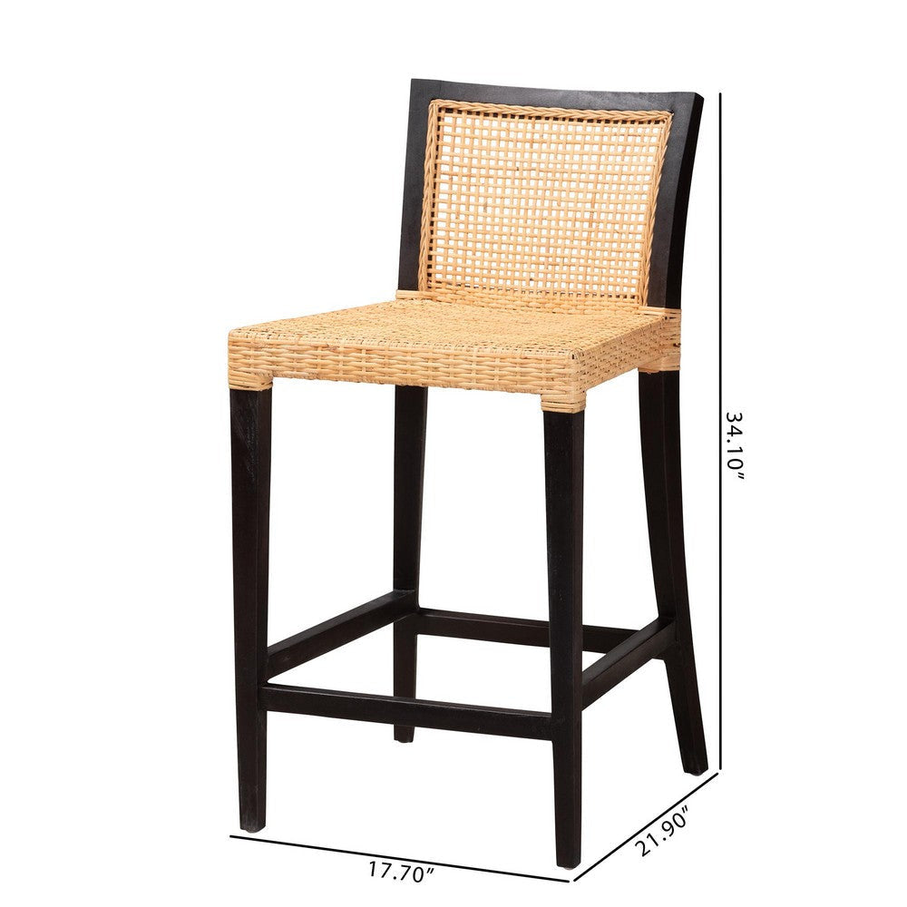 bali & pari Lingga Modern Bohemian Dark Brown Mahogany Wood and Natural Rattan Counter Stool WHI-Lingga-Mahogany-CS