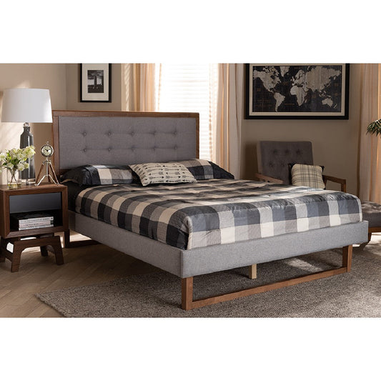Baxton Studio Livinia Modern Transitional Light Grey Fabric Upholstered and Ash Walnut Brown Finished Wood Full Size Platform Bed
