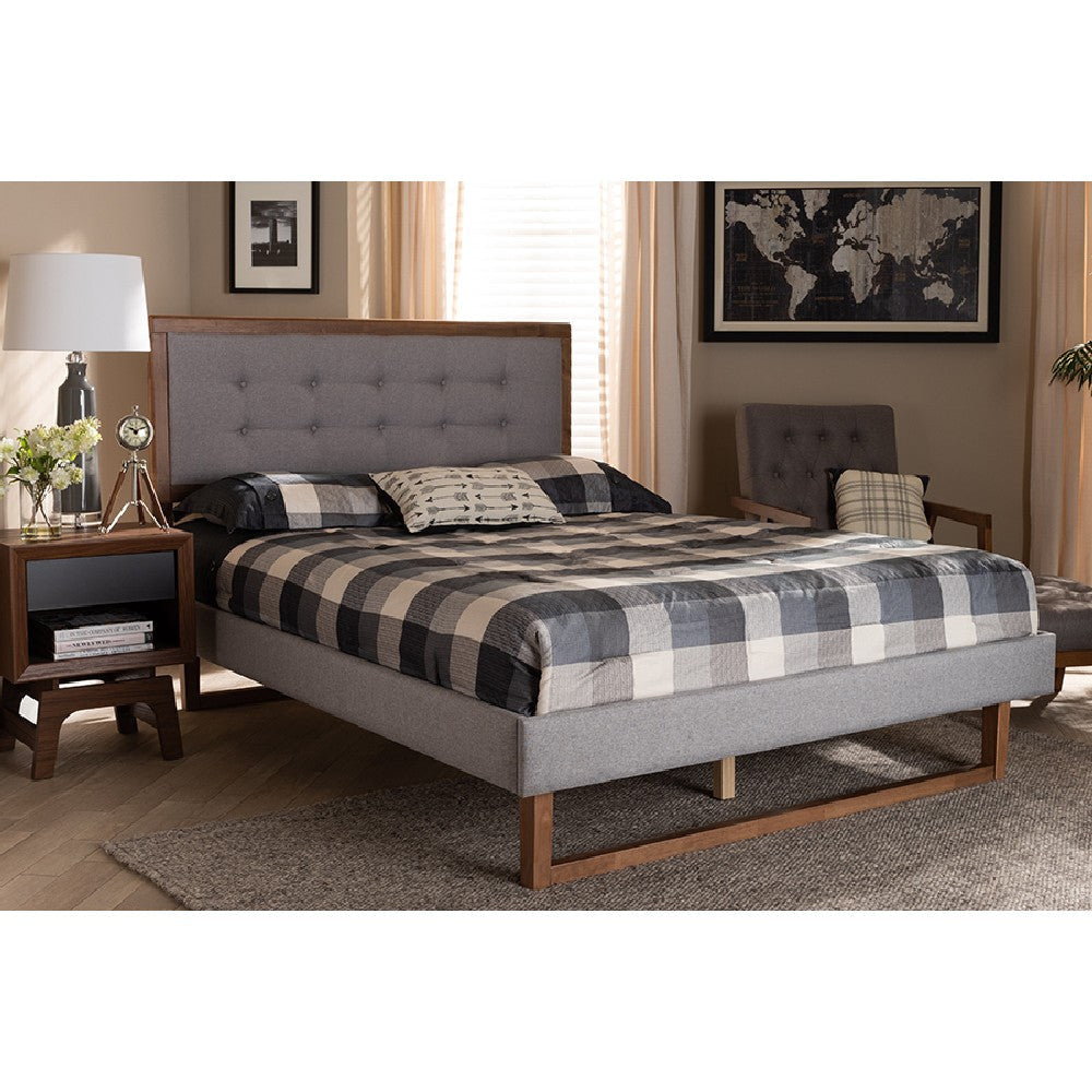 Baxton Studio Livinia Modern Transitional Light Grey Fabric Upholstered and Ash Walnut Brown Finished Wood Full Size Platform Bed