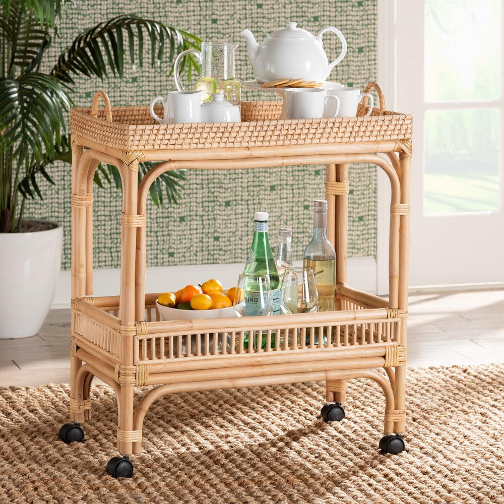 bali & pari Lombok Modern Bohemian Natural Brown Rattan Wine Cart WHI-Lombok-Rattan-Cart