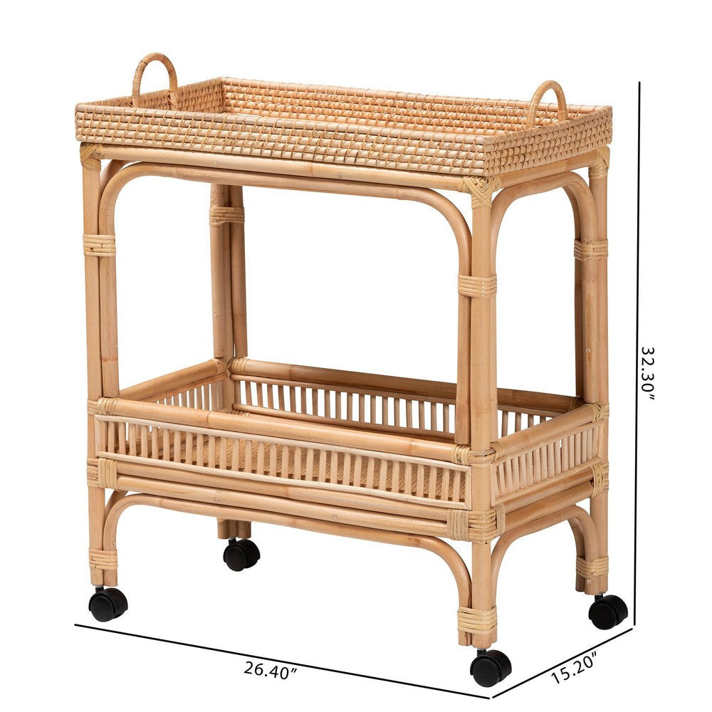 bali & pari Lombok Modern Bohemian Natural Brown Rattan Wine Cart WHI-Lombok-Rattan-Cart
