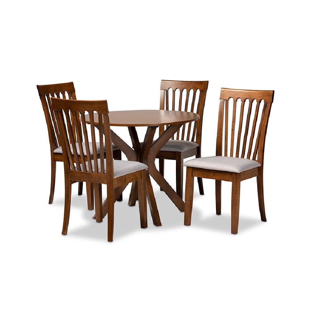 Baxton Studio Lore Modern and Contemporary Grey Fabric Upholstered and Walnut Brown Finished Wood 5-Piece Dining Set