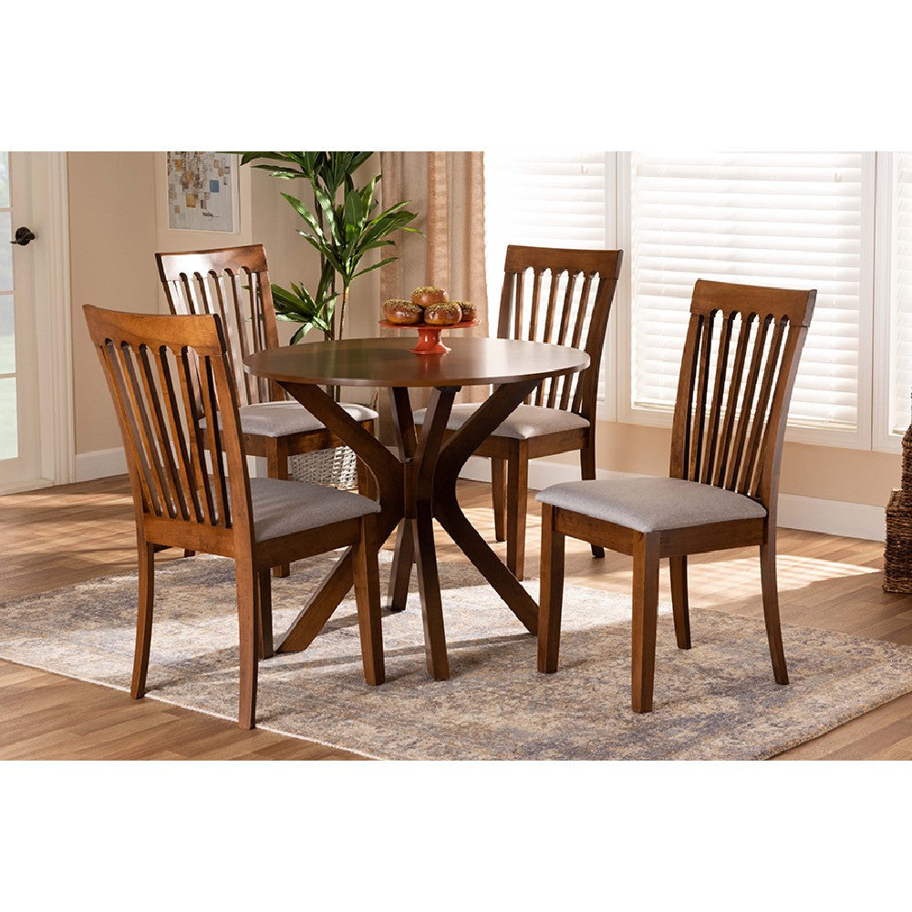 Baxton Studio Lore Modern and Contemporary Grey Fabric Upholstered and Walnut Brown Finished Wood 5-Piece Dining Set