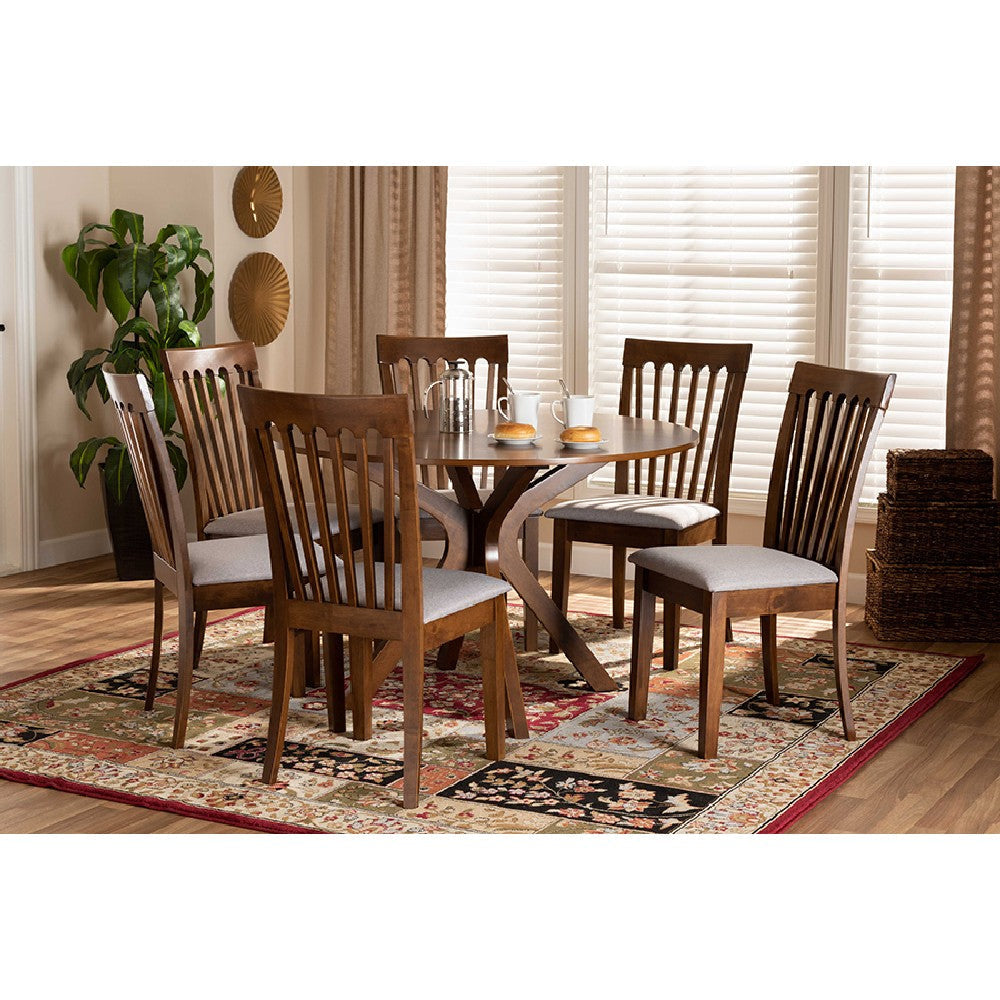 Baxton Studio Lore Modern and Contemporary Grey Fabric Upholstered and Walnut Brown Finished Wood 7-Piece Dining Set