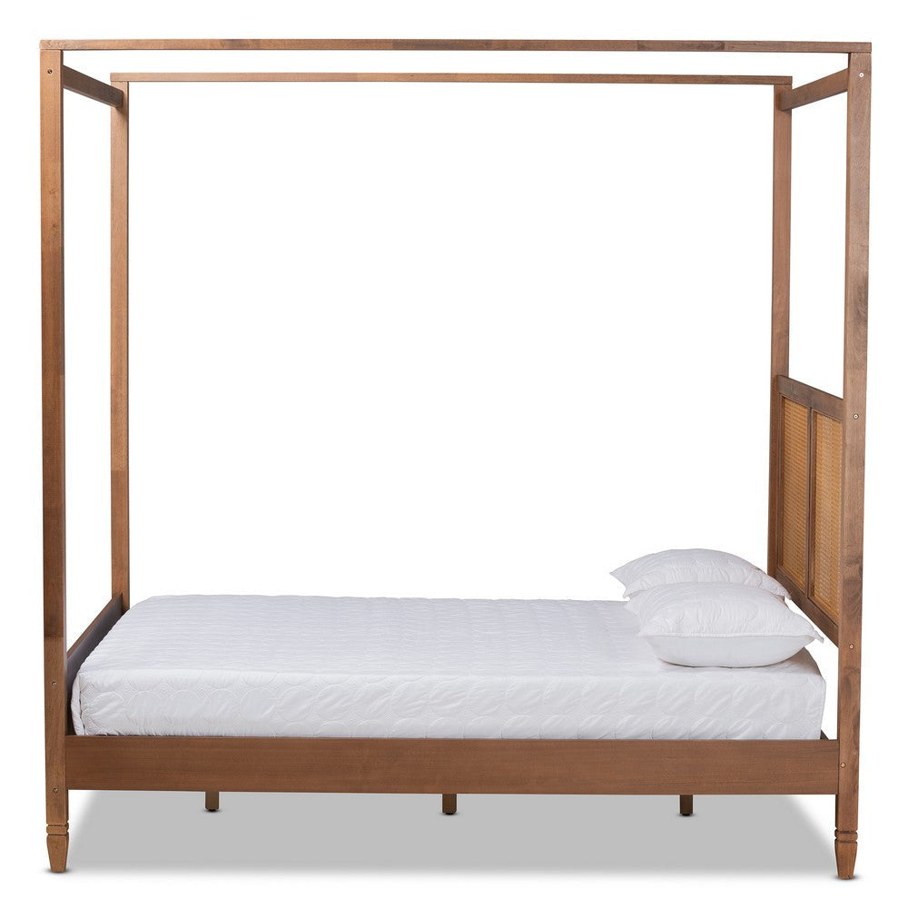 Baxton Studio Malia Modern and Contemporary Walnut Brown Finished Wood and Synthetic Rattan Queen Size Canopy Bed WHI-MG-0021-3-Walnut-Queen