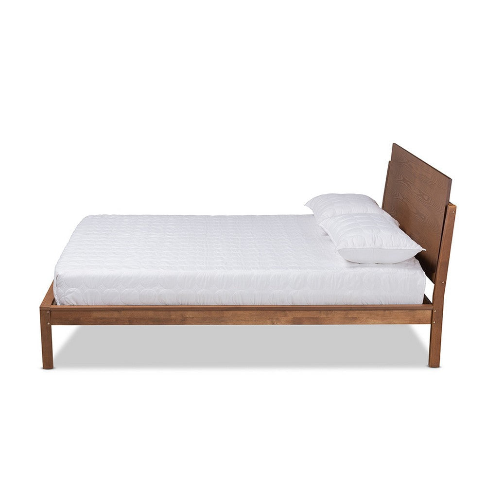 Baxton Studio Redmond Mid-Century Modern Walnut Brown Finished Wood and Synthetic Rattan Queen Size Platform Bed WHI-MG-0021-4-Walnut-Queen