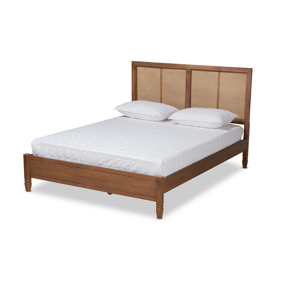 Baxton Studio Redmond Mid-Century Modern Walnut Brown Finished Wood and Synthetic Rattan Queen Size Platform Bed WHI-MG-0021-4-Walnut-Queen