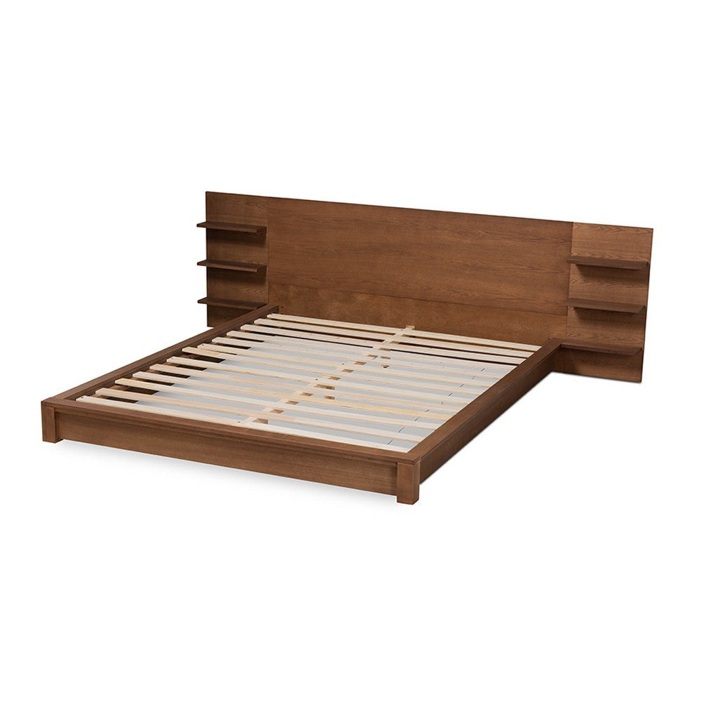 Baxton Studio Elina Modern and Contemporary Walnut Brown Finished Wood Queen Size Platform Storage Bed with Shelves