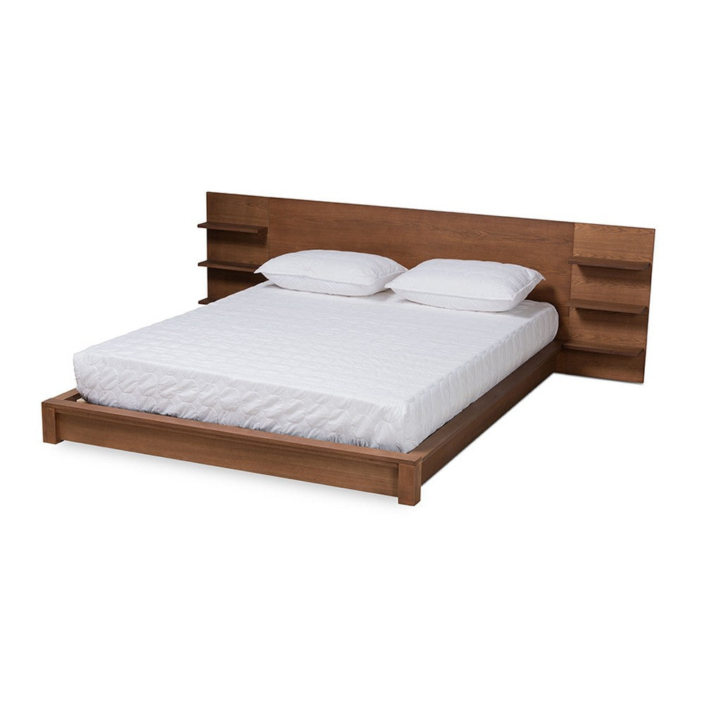 Baxton Studio Elina Modern and Contemporary Walnut Brown Finished Wood Queen Size Platform Storage Bed with Shelves