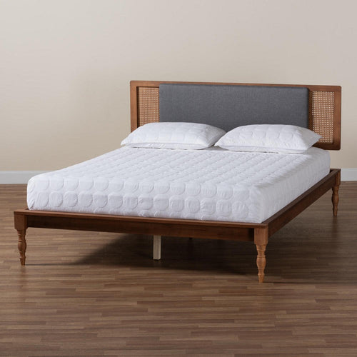 Baxton Studio Eliseo Mid-Century Modern Dark Grey Fabric and Walnut Brown Finished Wood Full Size Platform Bed