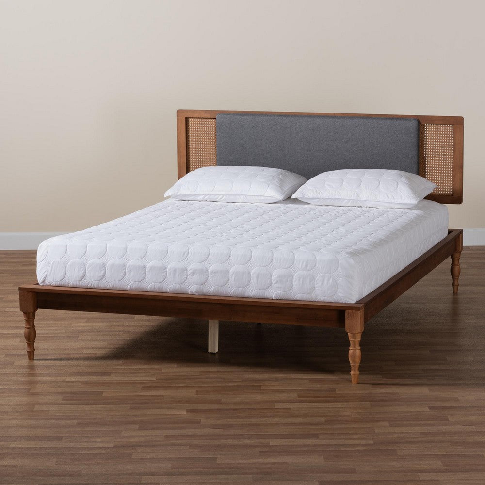 Baxton Studio Eliseo Mid-Century Modern Dark Grey Fabric and Walnut Brown Finished Wood Full Size Platform Bed