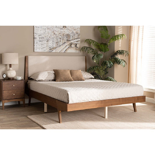 Baxton Studio Senna Mid-Century Modern Beige Fabric Upholstered and Walnut Brown Finished Wood Full Size Platform Bed