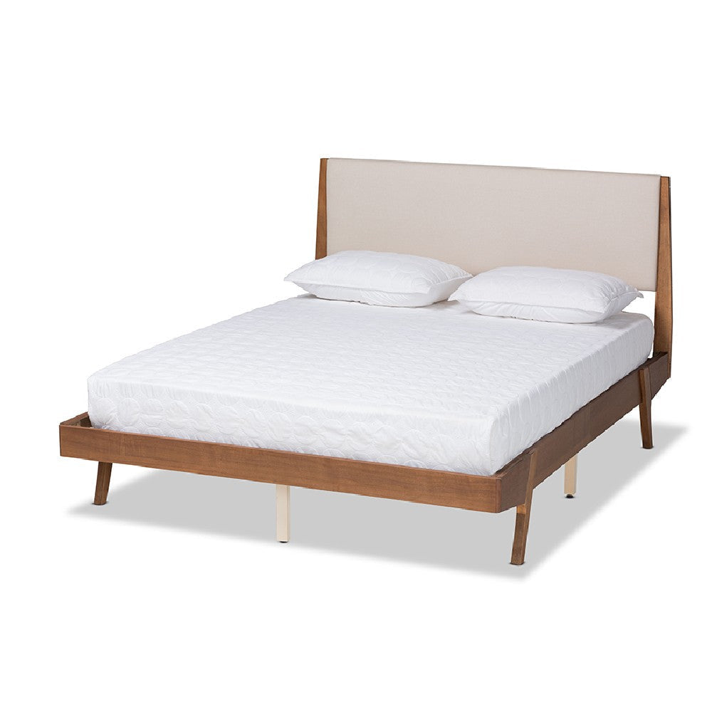 Baxton Studio Senna Mid-Century Modern Beige Fabric Upholstered and Walnut Brown Finished Wood Queen Size Platform Bed