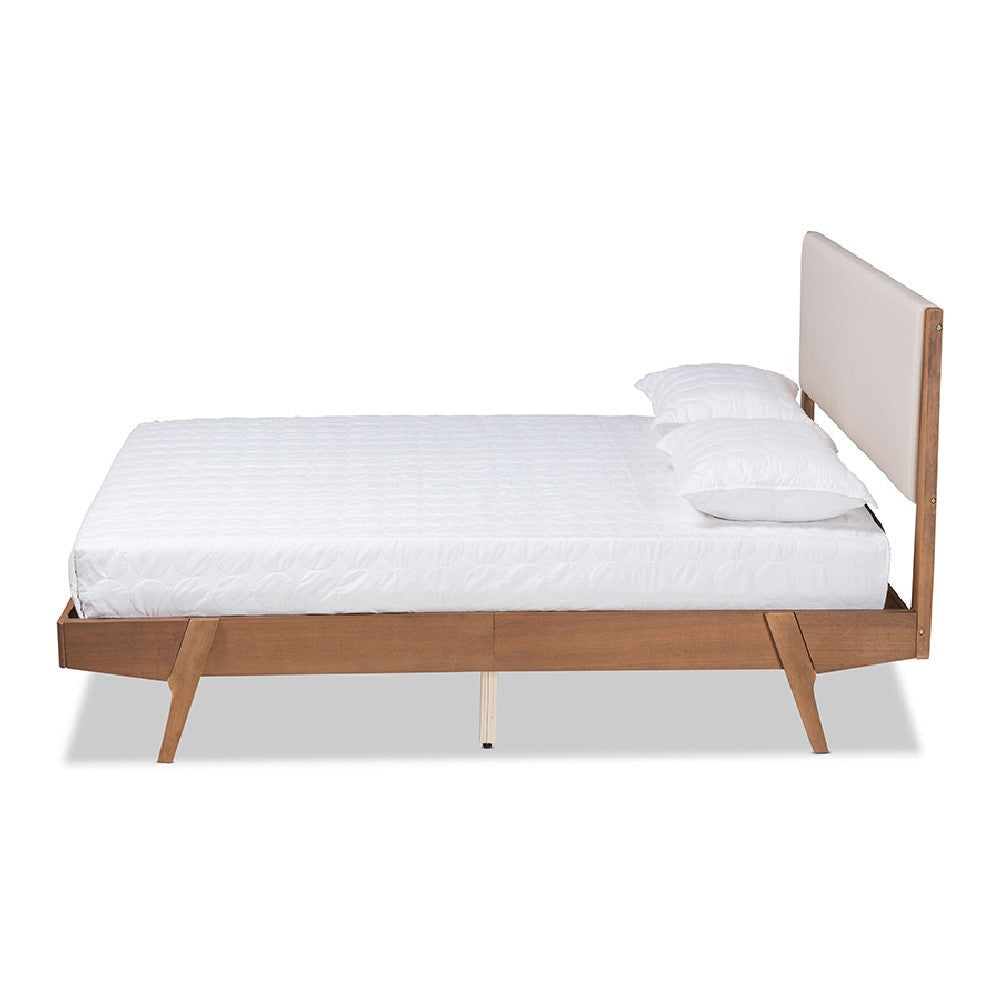 Baxton Studio Senna Mid-Century Modern Beige Fabric Upholstered and Walnut Brown Finished Wood Queen Size Platform Bed
