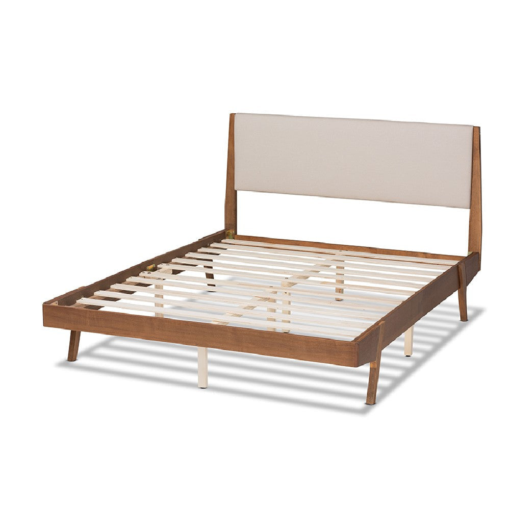 Baxton Studio Senna Mid-Century Modern Beige Fabric Upholstered and Walnut Brown Finished Wood Queen Size Platform Bed