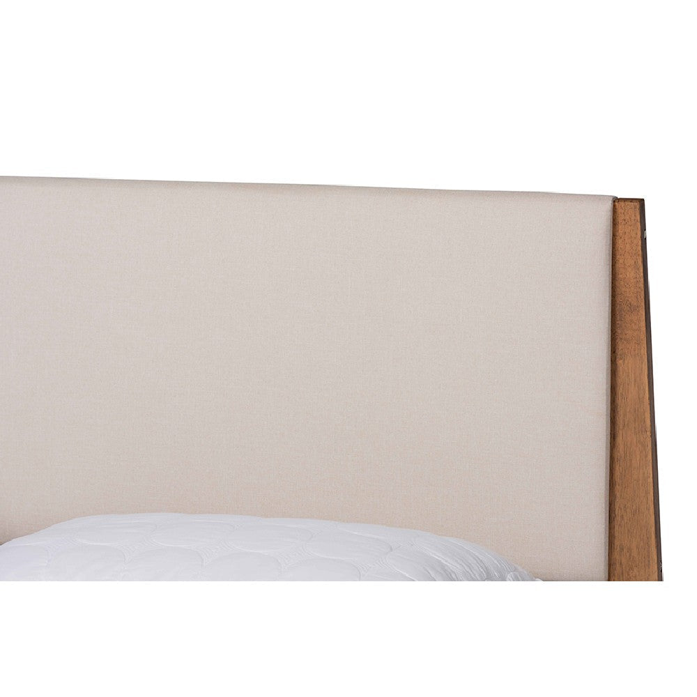 Baxton Studio Senna Mid-Century Modern Beige Fabric Upholstered and Walnut Brown Finished Wood Queen Size Platform Bed