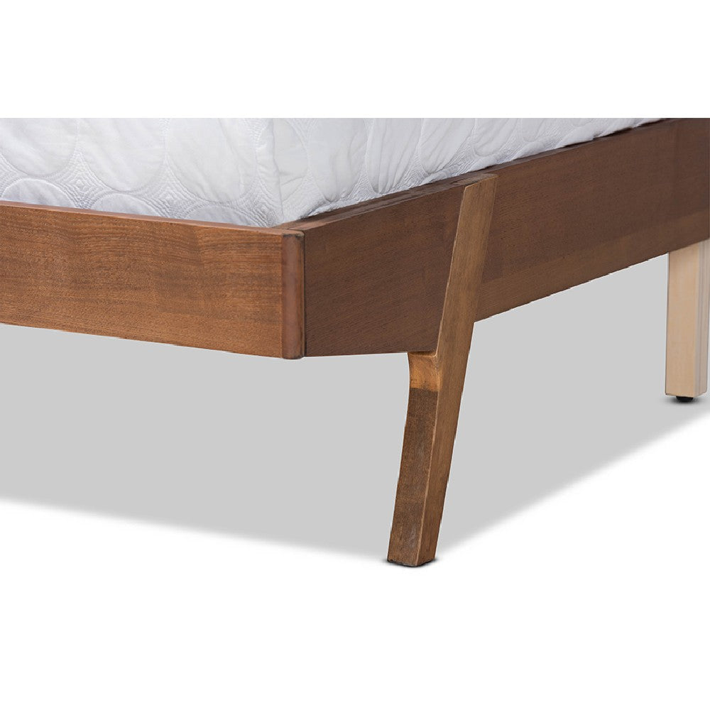 Baxton Studio Senna Mid-Century Modern Beige Fabric Upholstered and Walnut Brown Finished Wood Queen Size Platform Bed