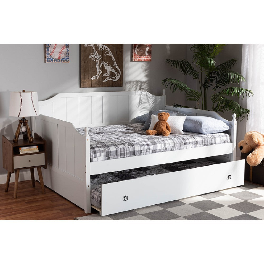 Baxton Studio Millie Cottage Farmhouse White Finished Wood Full Size Daybed with Twin Size Trundle