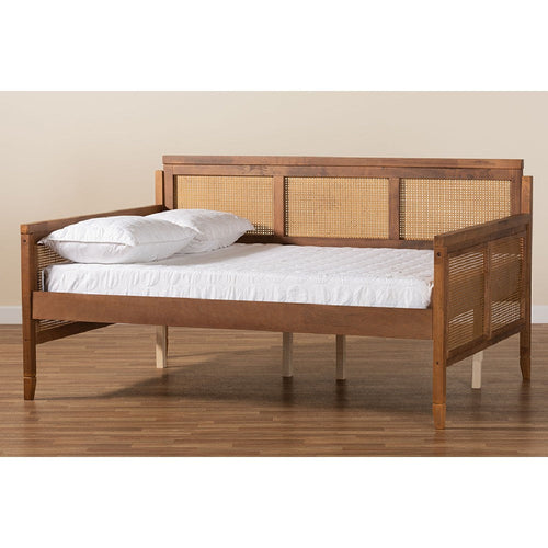 Baxton Studio Toveli Vintage French Inspired Ash Walnut Finished Wood and Synthetic Rattan Full Size Daybed